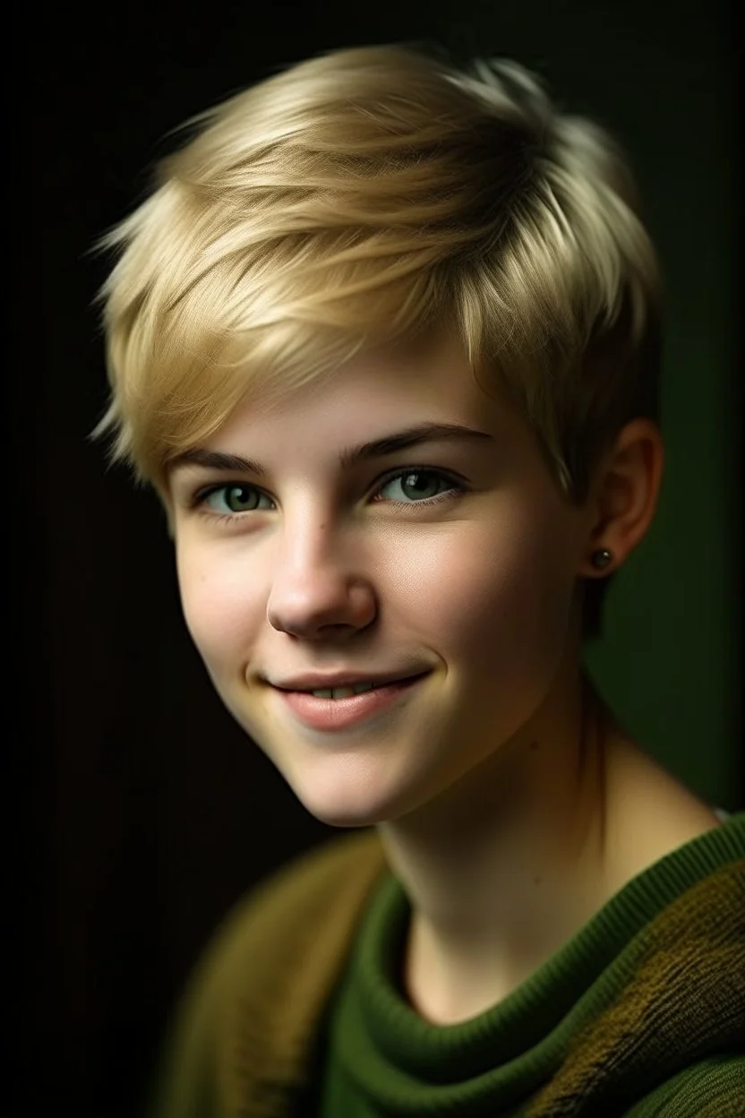 portrait of a 16 year old caucasian woman with really short blond hair, pixie cut, dark green eyes, smiling