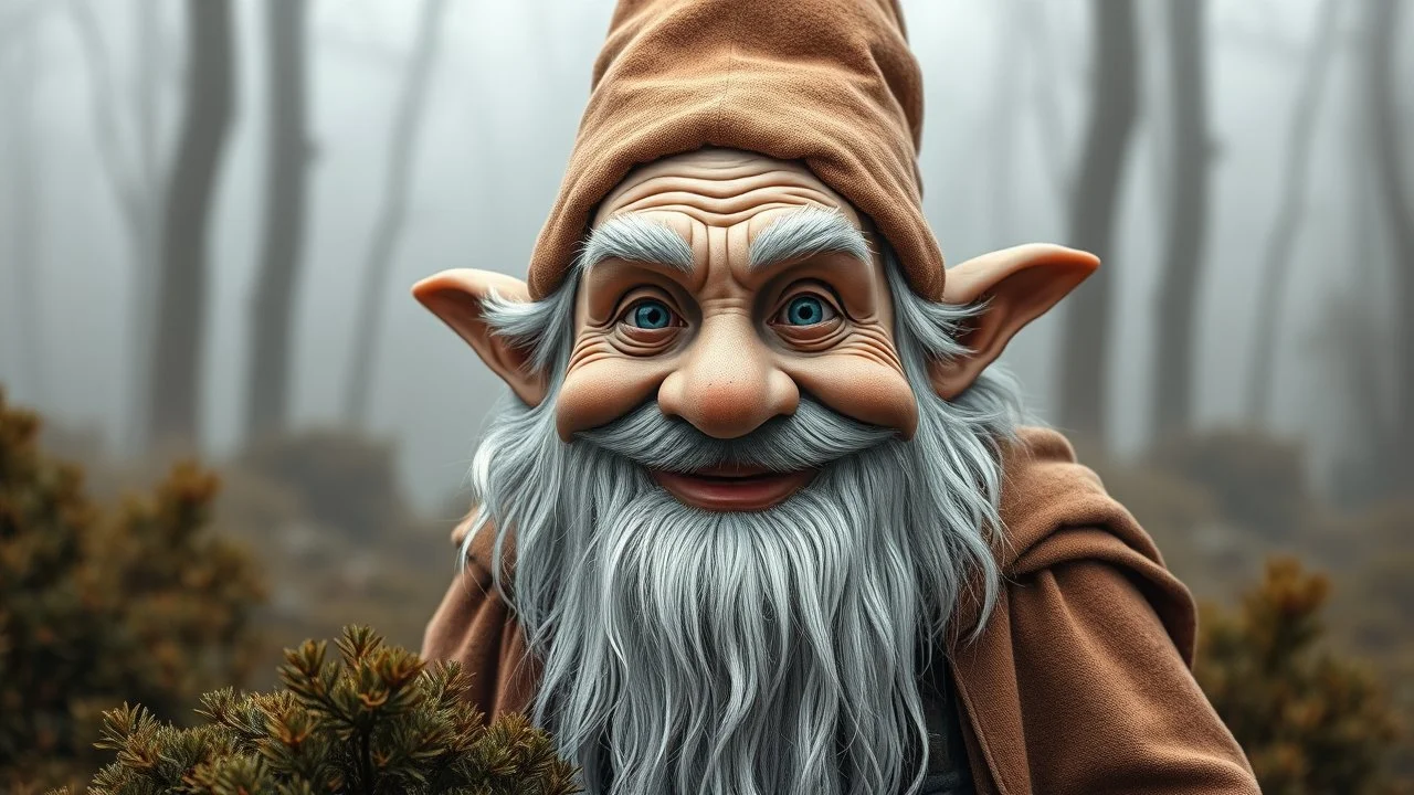 A close up photograph of an old smiling gnome showing detailed wrinkles, largish nose, full round cheeks, nice welcoming blue eyes, old scraggly long white beard with largish pointed ears , wearing a big old pointed hat just covering the tops of his ears, dressed in an old long cloak to match his hat, standing with a few bushes around him but only his torso in the picture with a misty forest background behind with the trees barely visible.