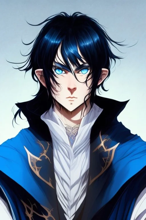 young black haired blue eyed wizard in the style of lovecract