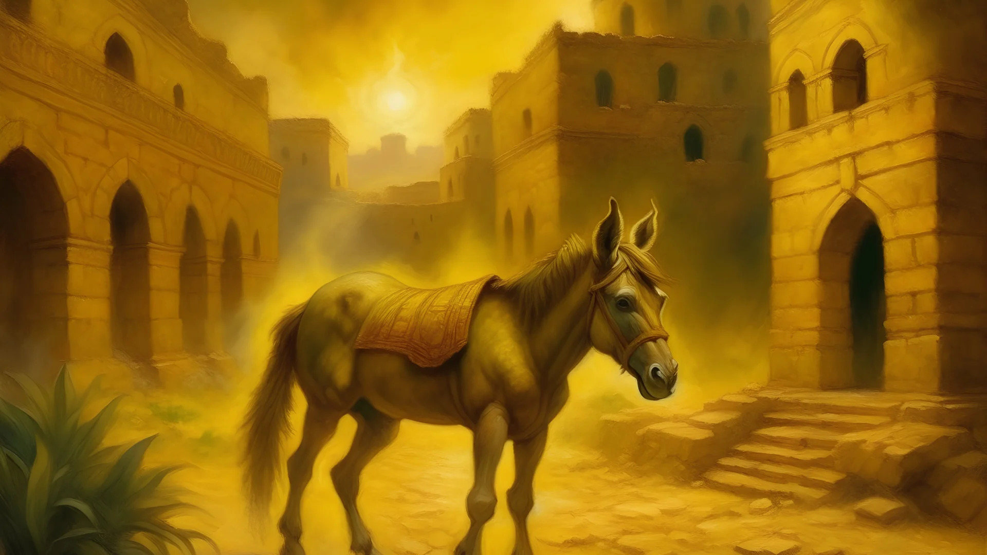 A Renaissance oil painting style depicting a golden aura surrounding a donkey in the ancient city of Babylon