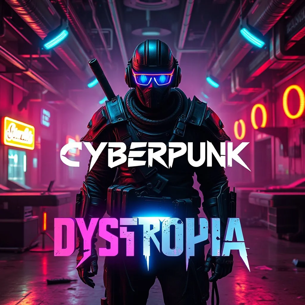 An Electronic Music Album Cover, With "CYBERPUNK DYSTOPIA" Written on it with broken futuristic font with a neon glow on the font at the bottom center; with a Warrior DJ standing inside a abandoned nightclub wearing neon glasses & futuristic armour, giving apocalyptic vibes showing dramatic and cinematic ambiance.