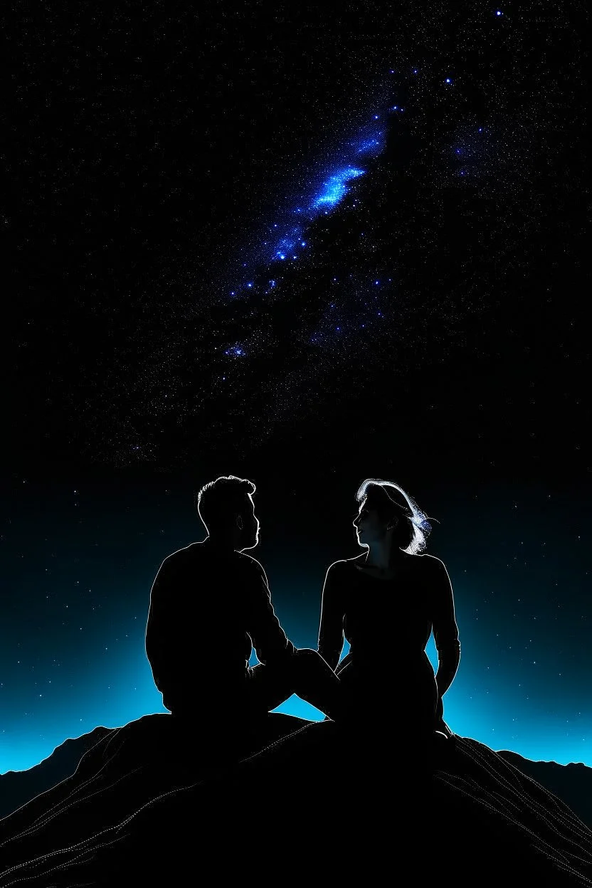 black background on a mountaintop with two silhouettes of a fit man and a silhouette of a fit woman sitting close to each other almost touching looking at the stars