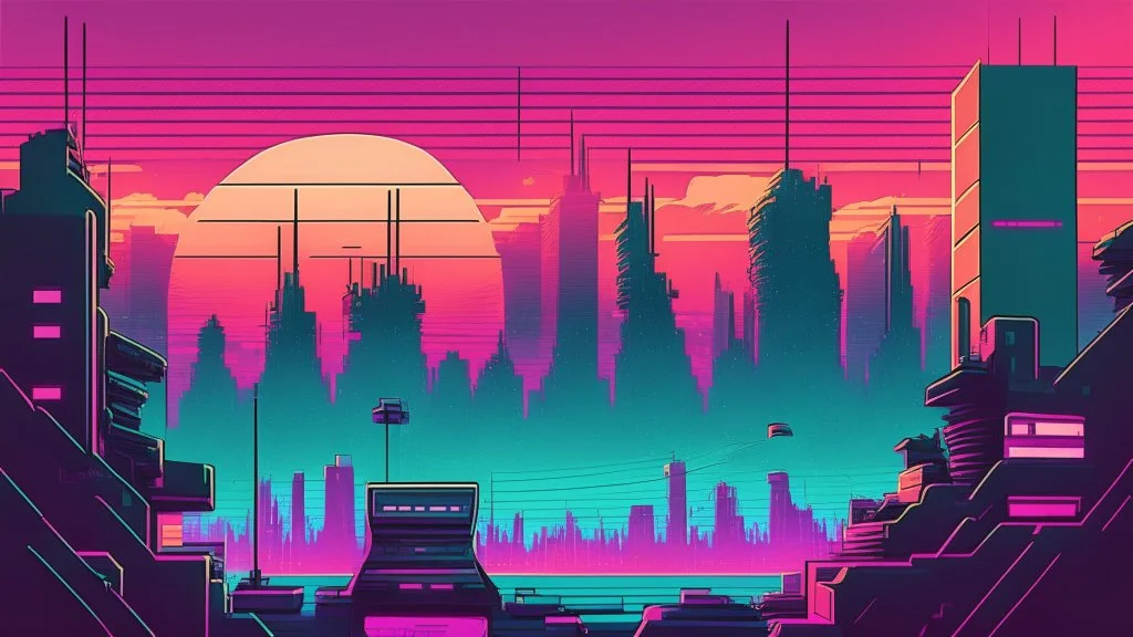 synth-wave city, simple,iconic:1.8), comic style