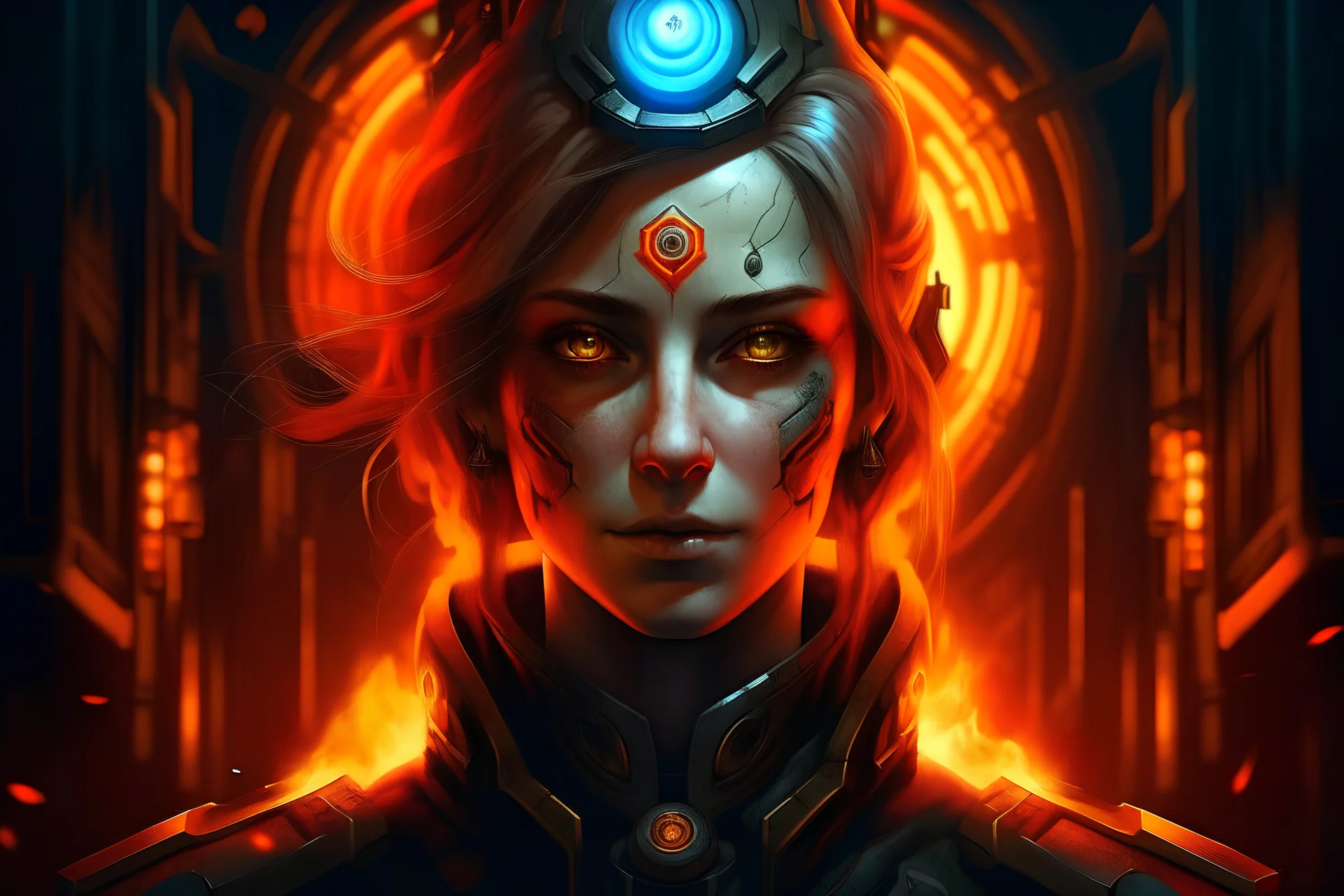 Portrait marianne symbole france cyberpunk, incendie en arrière plan