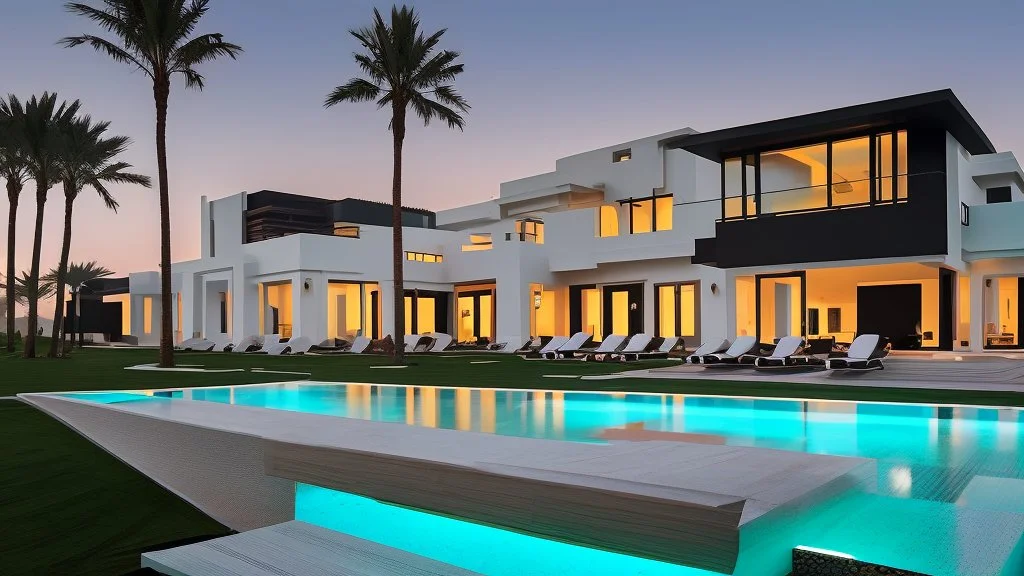 Description of a modern Emirati style villa: Located on a magnificent piece of land in the heart of the Emirates, our villa embodies the finesse of design and detailing that promises a luxurious residential experience. This two-story villa, with its elegant and contemporary spaces, stands out. The exterior walls of the villa are made of black and white stones, adding an elegant and luxurious touch to the design. This combination of black and white stones creates a beautiful contrast, highlight