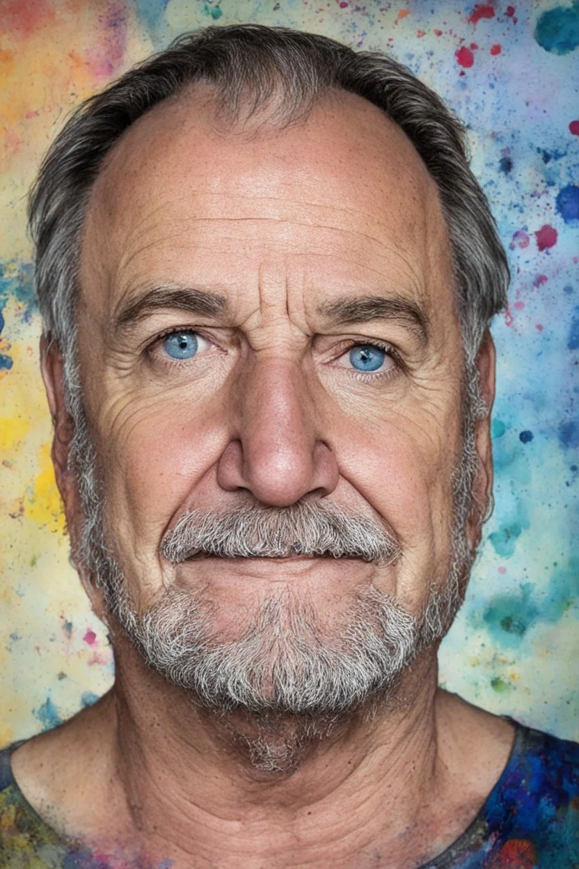 facial portrait, 58-years-old, overweight, wide set blue eyes, large, curved down nose, big lips, square jawline, bushy eyebrows, dark brown hair, gray sideburns, goatee, a bright, extremely colorfull professiona quality digital photograph, multicolored watercolor stained wall in the background