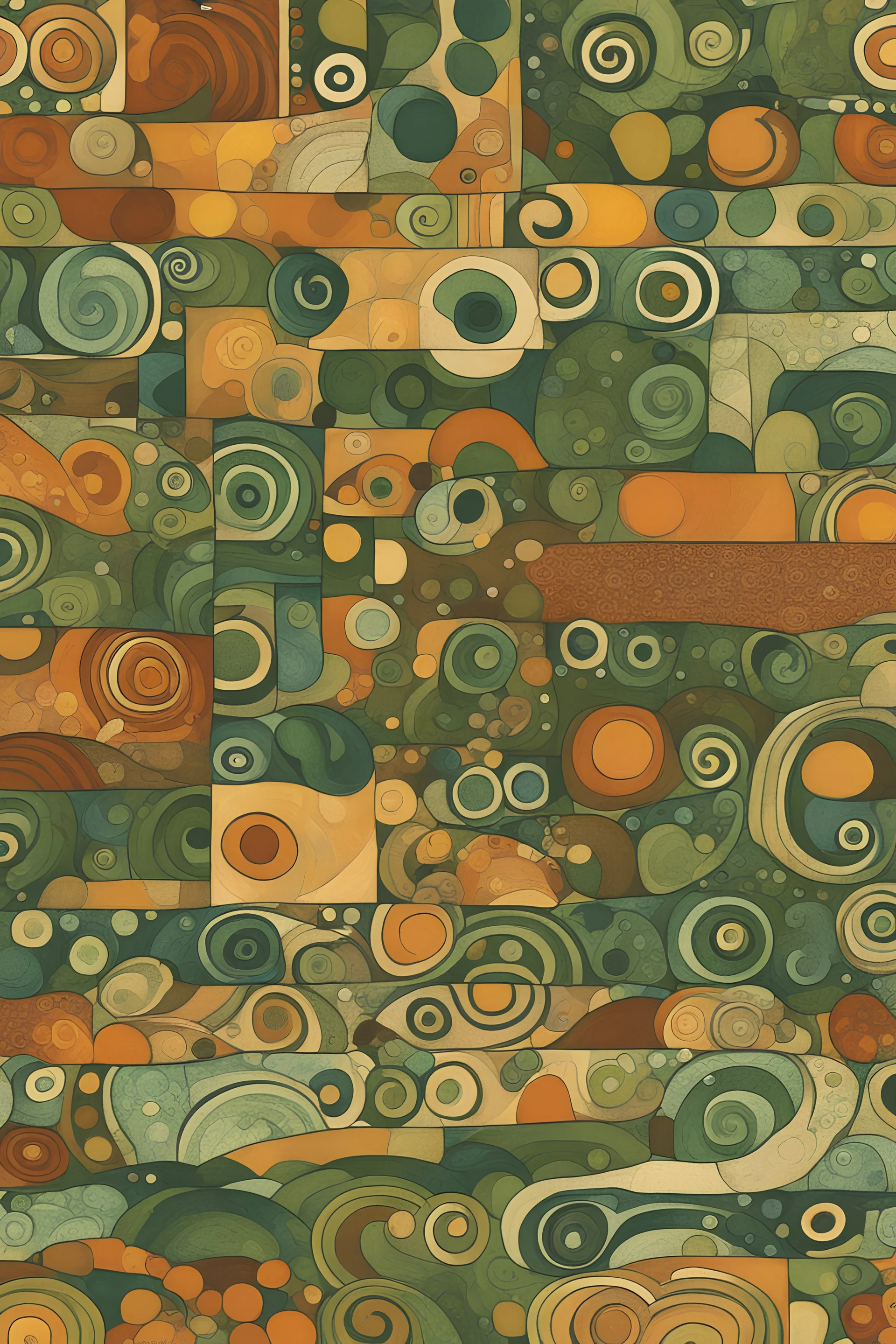 repeating patterns for wallpaper in the styles of Gustav Klimt ,Wassily Kandinsky, and Paul Klee with earthy tones including green and orange