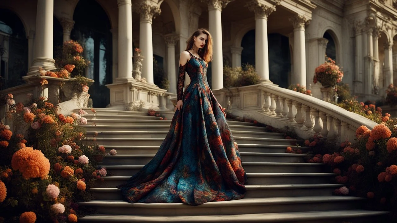 stunning fashion photo of a woman stands nice stairs best pose in extreme weird dress in garden, her is perfect beauty face, perfect full body, sunshine, , lace, deep colors, fine flower patterns, geometric, high detailed, sharp focus, stunning weird fashion, futuristic-Rococo style, best quality , professional photographer, best nikon shoot