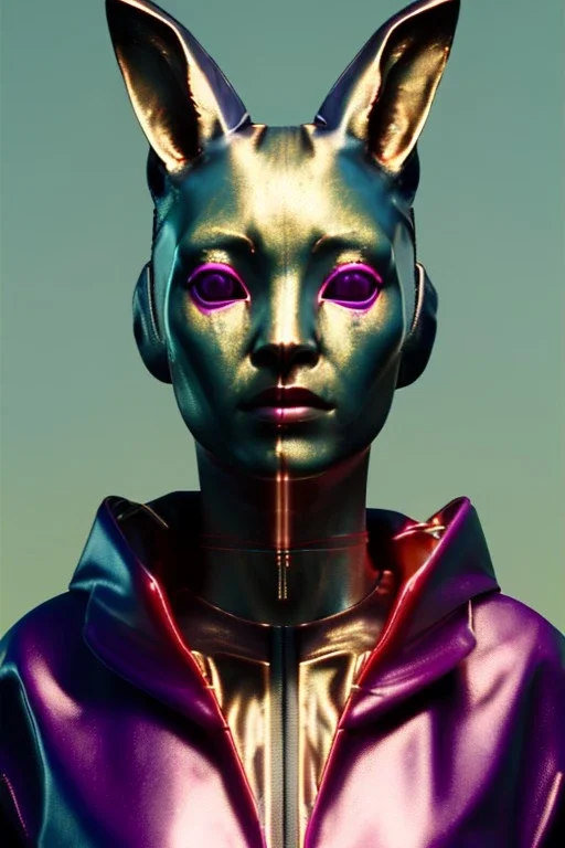 Medium Close Up Portrait, Front image. cyberpunk, rabbit mask, Asian woman, pink hair. latex tracksuit. Red, black, gold, color. Blade runner style. Color background, photo studio. Avatar image, highly detailed, concept art, smooth, unreal engine 5, god rays, ray tracing, RTX, lumen lighting, ultra detail, volumetric lighting, 3d, finely drawn, high definition, high resolution.