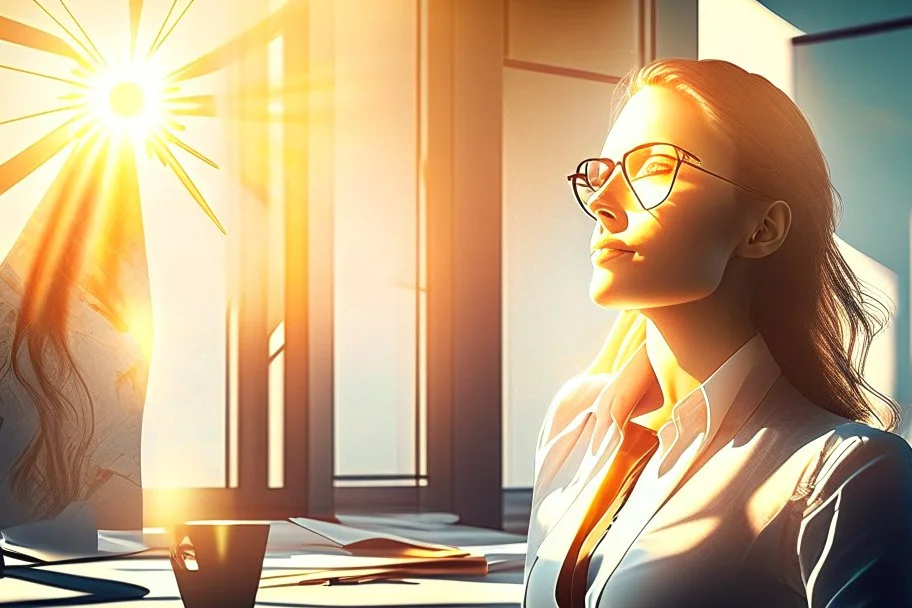 Beautiful problem solving woman in a modern office in sunshine