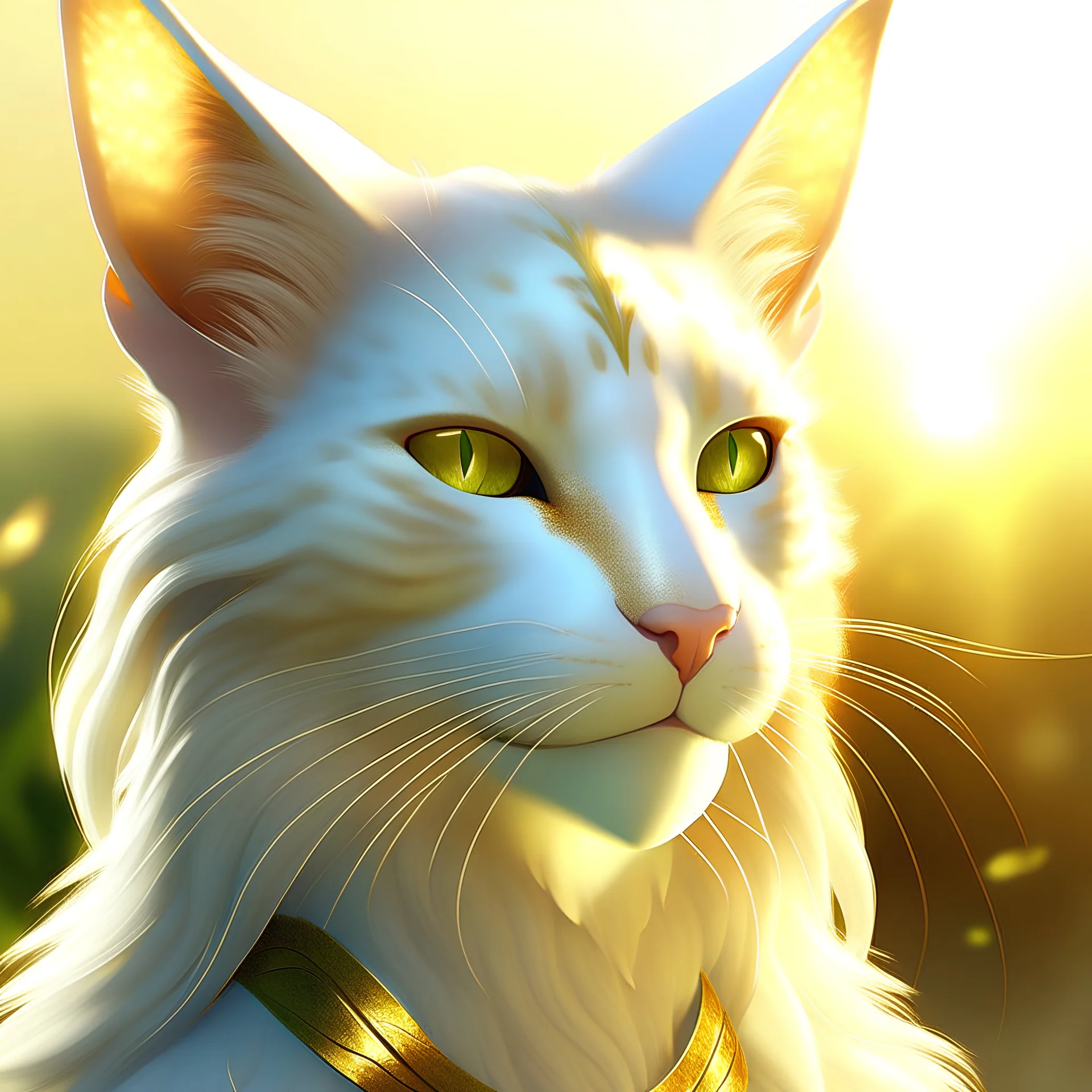 Photoreal Detailed d&d character portrait, oasis scene with mist and the sun is visible in the background, long hair Turkish van female tabaxi humanoid from D&D, green eyes glowing with mystical energy, fantasy, detailed, catlike face with human body