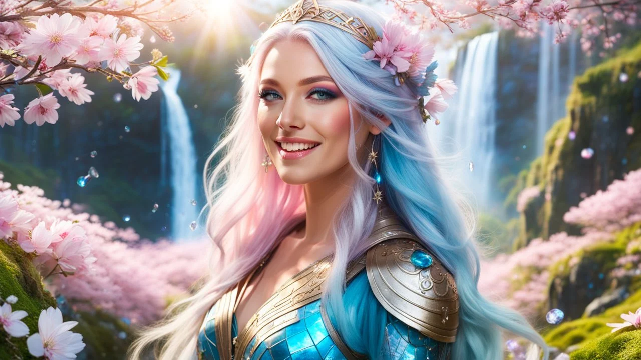 Photo realistic portrait of a gorgeous smiling skinny viking goddess with a golden dark shining skin, long smooth clear turquoise blue and pink white hair, blue eyes, in a sci-fi outfit with luminous strikes blowing a kiss in a hill of flowers with sakura trees, a waterfall, a crystal palace, loads of mini flowers, moss, sun rays through the branches, particles in the air at spring. Intricated details,