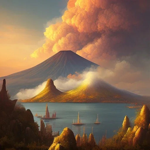 Naples landscape in front of a vulcano Vesuvius.1800 style, Anton fadeev style