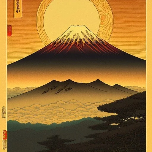 Ukiyo-e Style , mount fuji, sun set