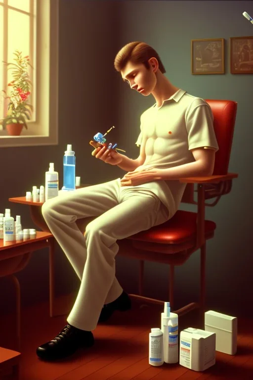 A young man sitting on a chair giving himself an injection, medicines and drugs on the table next to him, 8k, finely detailed, photo realistic,The scene is from the 1990's .