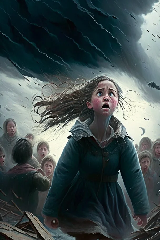 The villagers watched in awe as girl fearlessly faced the storm. Her actions inspired everyone to join in, turning fear into unity.