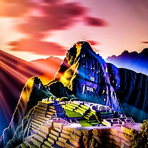 Machu Picchu, sunset rainbow, waterfall