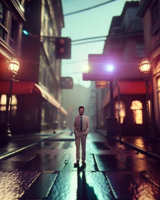 street scene with big hair monster, Wes Anderson style, realistic photo, night, concept art, smooth, unreal engine 5, god lights, ray tracing, RTX, lumen lighting, ultra detail, volumetric lighting, 3d.