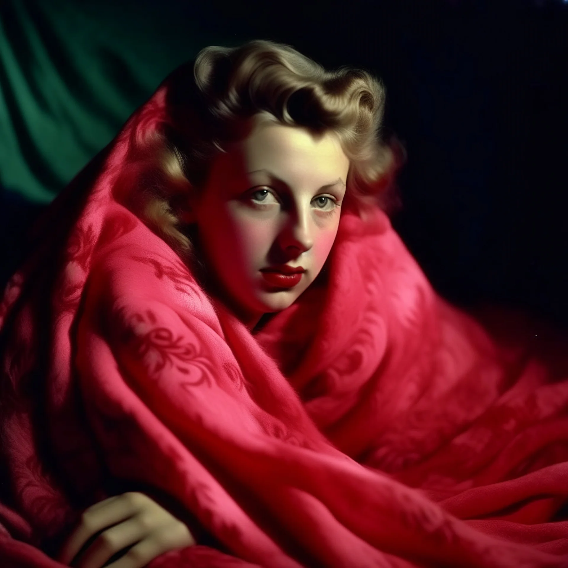 Lana turrner, grunge, in a red and oink blanket, autochrome, baroque, studio