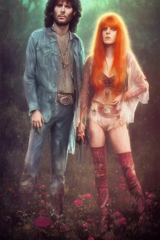 Jim Morrison and Pamela Courson ,music, NSFW, watermark, bohemian style , blurry,beautiful,elegant,roses, fantasy by anni dittman