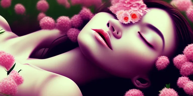 girl buried in flowers, dead, beautiful, eyes closed, laying down, close up