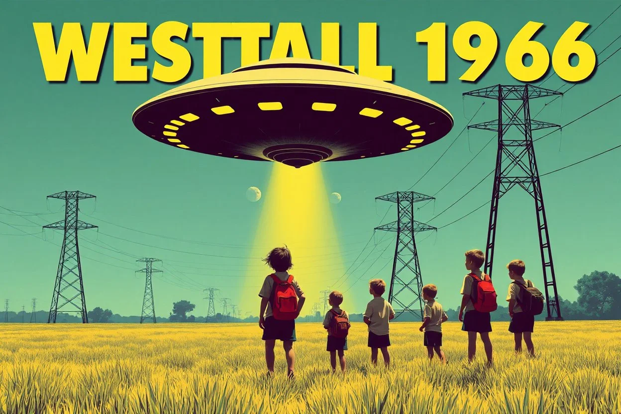 bumper sticker design, westall large flat ufo, in bold heading text "WESTALL 1966", lots of school children looking up in a field with hd high voltage powerlines and gumtree's, mysterious cool, bold