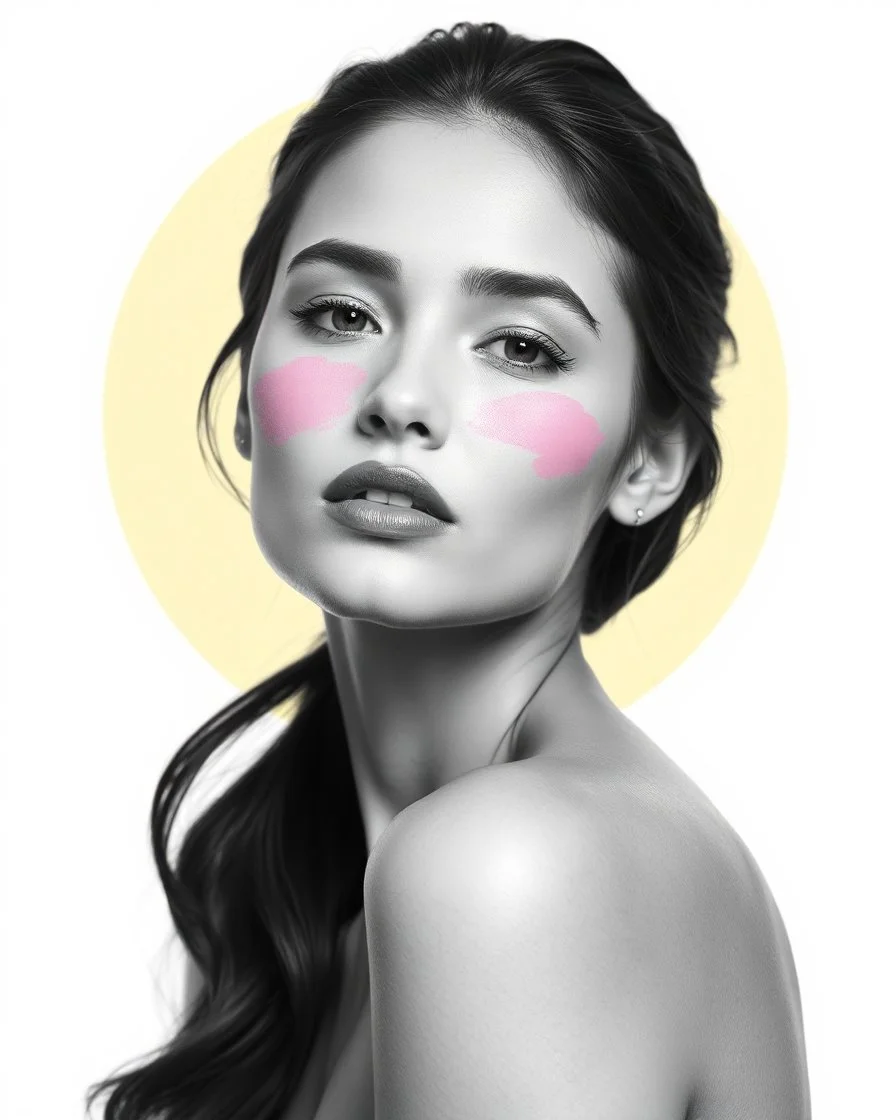 Black-and-white portrait of a graceful woman with soft pink brush strokes on her face, minimalist aesthetic with a light yellow halo behind her, isolated on a white background, high contrast for an artistic commercial vibe., With Copy space