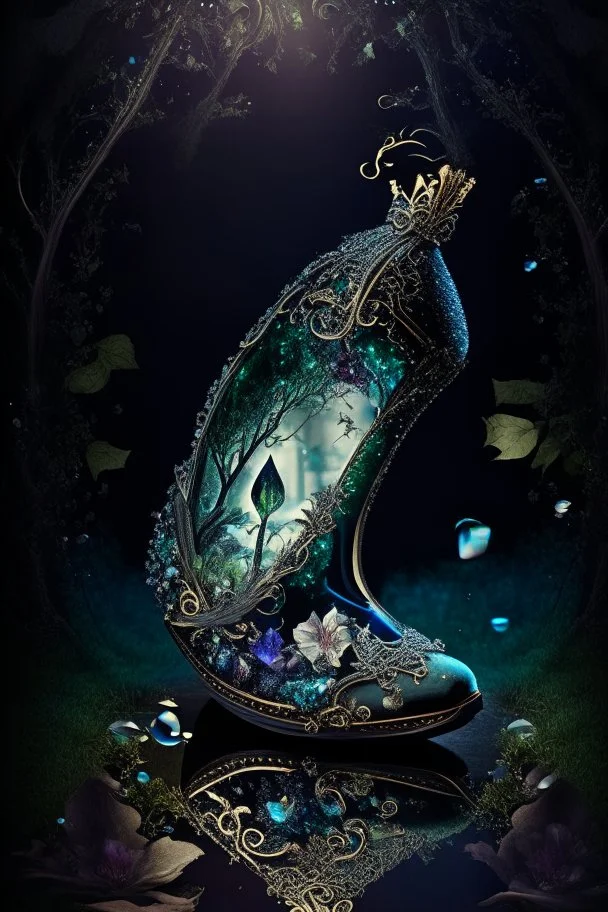 dark fantasy, intricate cover, a whimsical fairytale, slipper made of glass