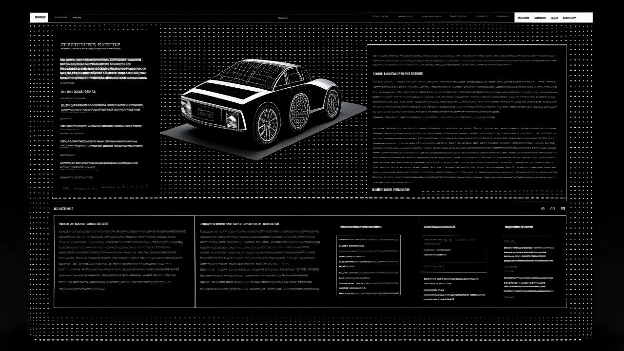 textlastige website als liegende 3d-darstellung in schwarz/weiß auf dunklem hintergrund ohne device