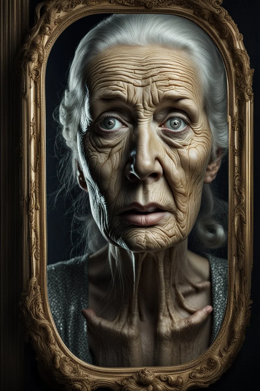 a young woman watching in a mirror, with subtle glimmers portraying the suspense and shock as the mirror reveals an old woman face