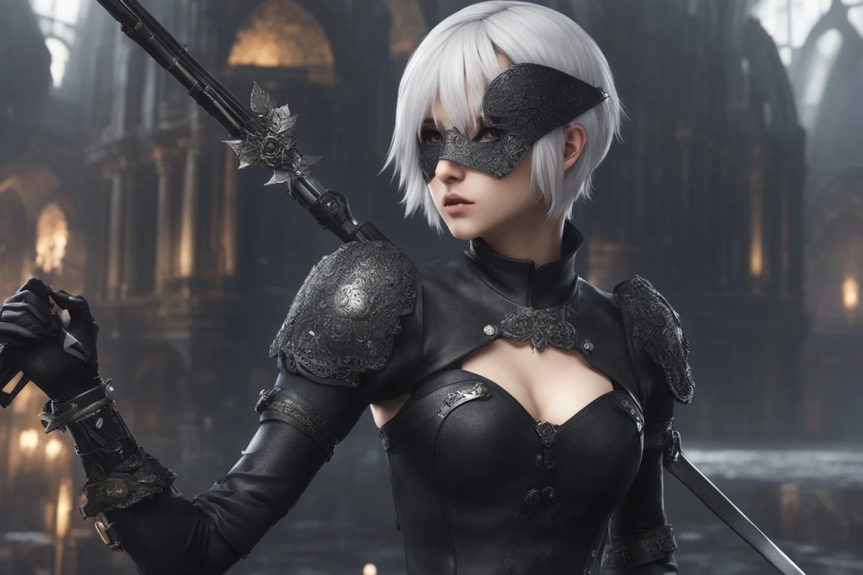 Beautiful 2B with blindfoldin 8k nier automata artstyle, 2B them, 2B Custom, blindfold, close picture, rain, fantasy world, intricate details, highly detailed, high details, detailed portrait, masterpiece,ultra detailed, ultra quality