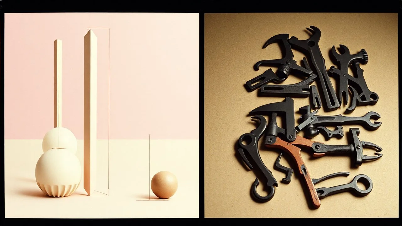 Photography Kodak film of several geometric shapes, elongated lines and object, massive odd Hyeronymus Bosch style, minimalist, pastel colors, Surrealism. On the right, there are other lower shapes, similar to tools or mechanisms, randomly arranged, glossy, creepy, strong texture, horror, panic, obsessive, hypnotic