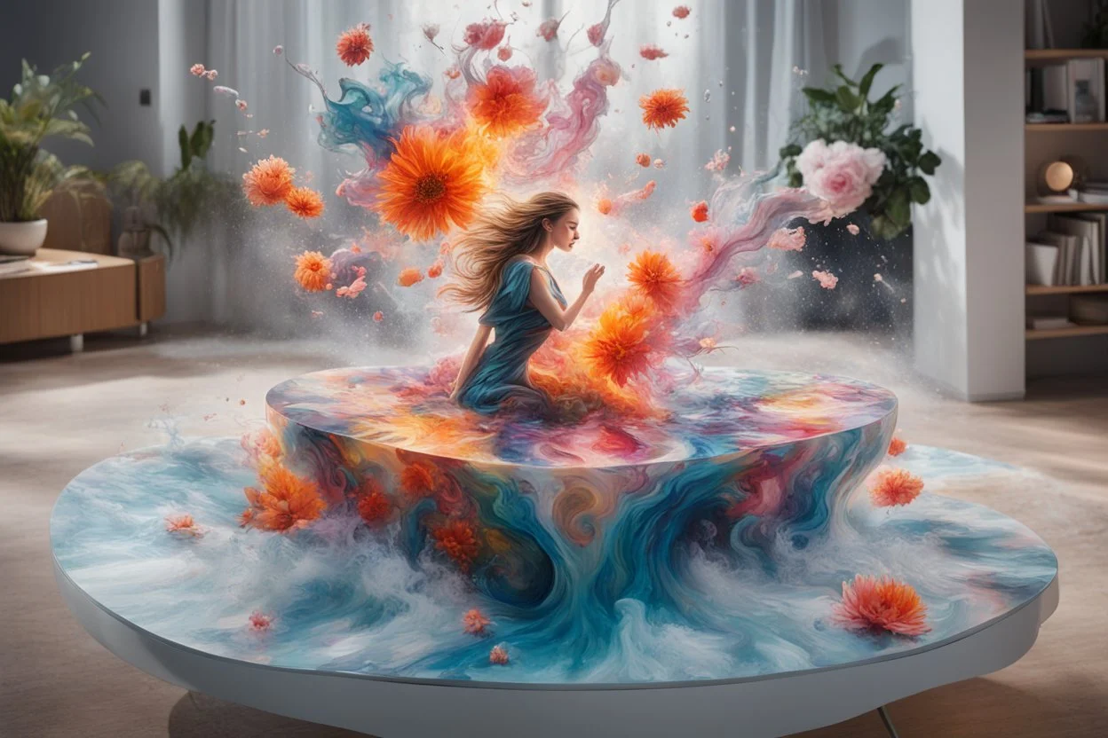 Image capturing the fantastical scene you described, with a central female figure surrounded by an explosion of floral and fluid elements, mixing hyperrealism with a touch of surrealism. The vibrant colors and dynamic movement create an immersive and energetic composition. Image is inside an ice cube on a coffee table.