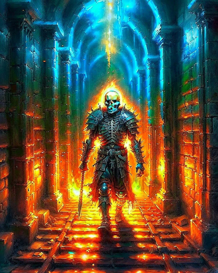 A frightening castle dungeon hallway with a skeleton warrior in rusty chainmail holding a burning torch painterly rpg art