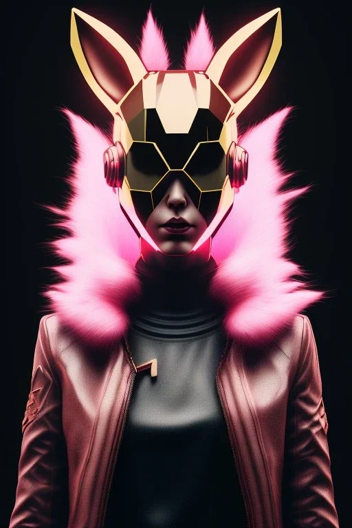 MCU Portrait, Front image. cyberpunk Asian woman, pink short hair. Ceramic rabbit mask. latex suit. Red, black, gold, color. Punk style, minimal details. highly detailed, concept art, smooth, unreal engine 5, god rays, ray tracing, RTX, lumen lighting, ultra detail, volumetric lighting, 3d, finely drawn, high definition, high resolution.