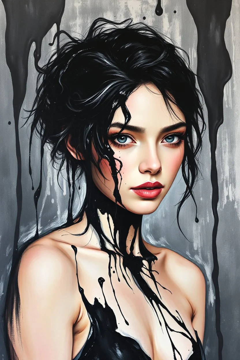 A beautiful young women painted with Liquid abstract black painting,