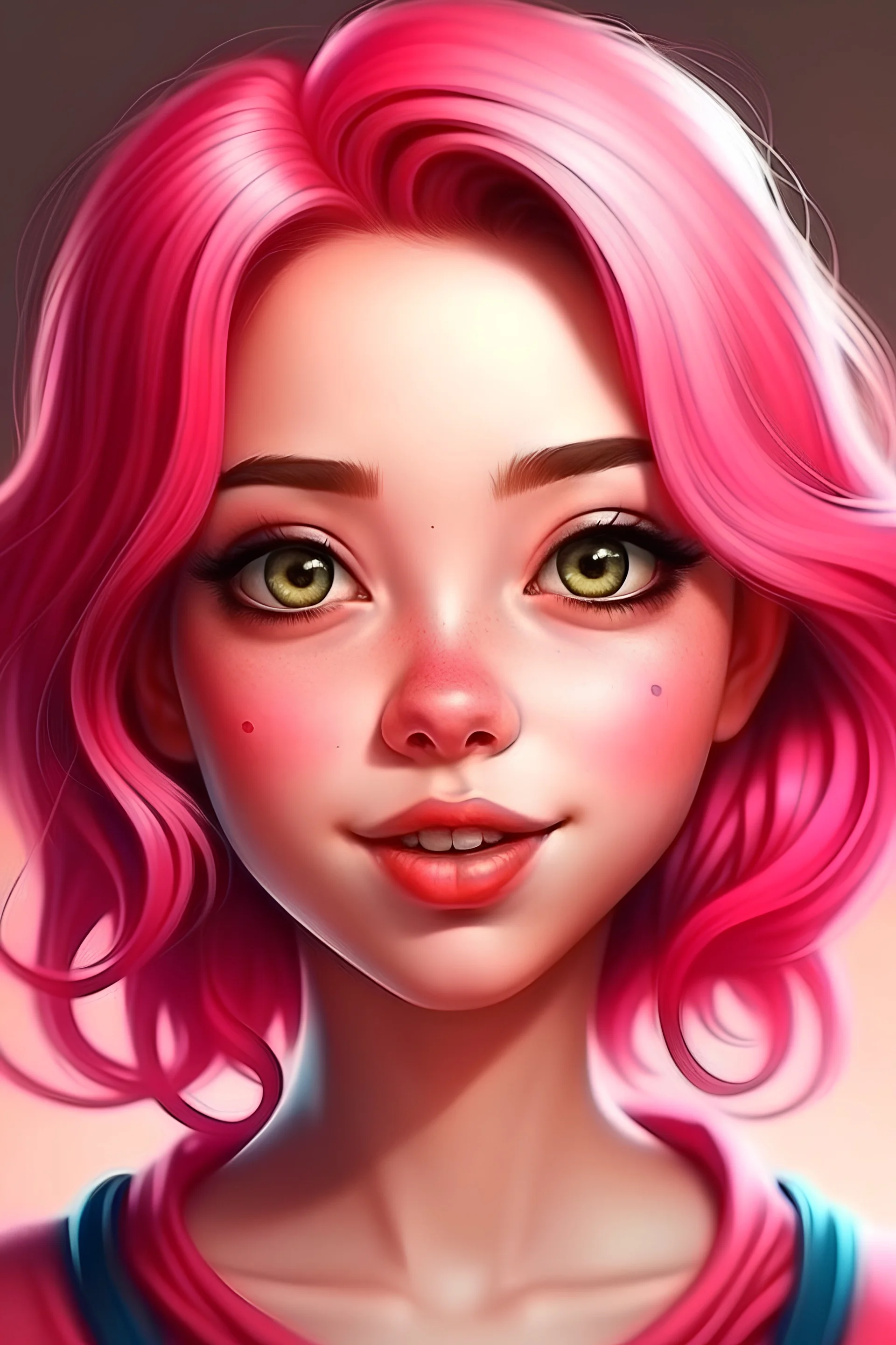 Create cute girl with pink hair in realistic style to instagram