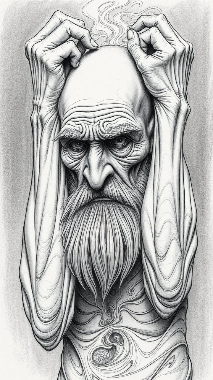 highly detailed graphite illustration, A surreal elderly figure with exaggerated anatomical features, holding his arms up heavily wrinkled skin, and an intense, contemplative expression. bald head, thick eyebrows, long beard merge into swirling abstract shapes. Large, other gripping the forehead tensely. Mysterious, introspective, dreamlike, somewhat dark fantasy. #𝙙𝙧𝙚art #prompt