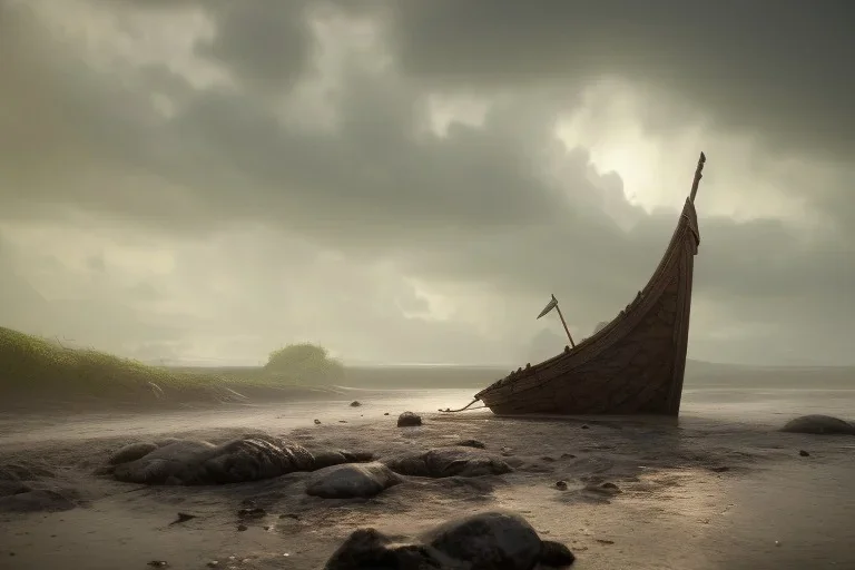 Broken viking longboat shipwrecked at a pebbled beachside, fantasy, mystical, lightshafts, storm in the distance