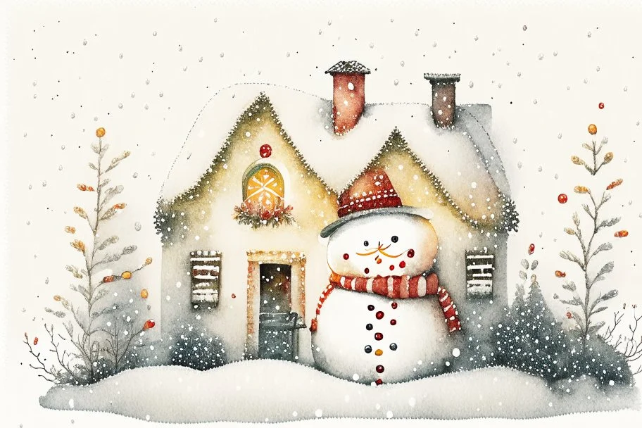 Christmas illustration, whimsical, detailed, warm colors, grainy texture, subject: snowman in a snowy garden, house with lights, white background