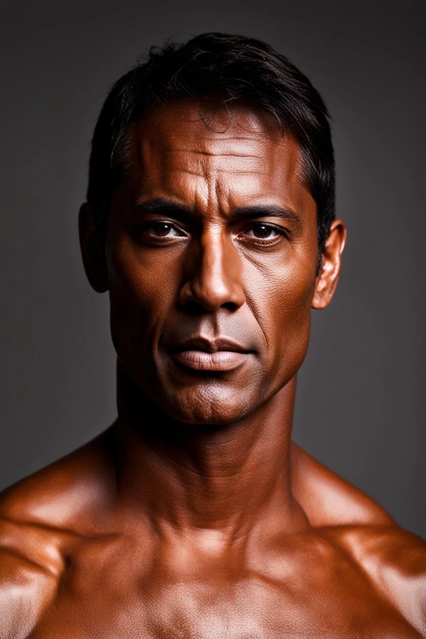 45 year old man with Dark tanned skin. dark brown hair which hangs at his shoulders, clean shaven. creepy looking