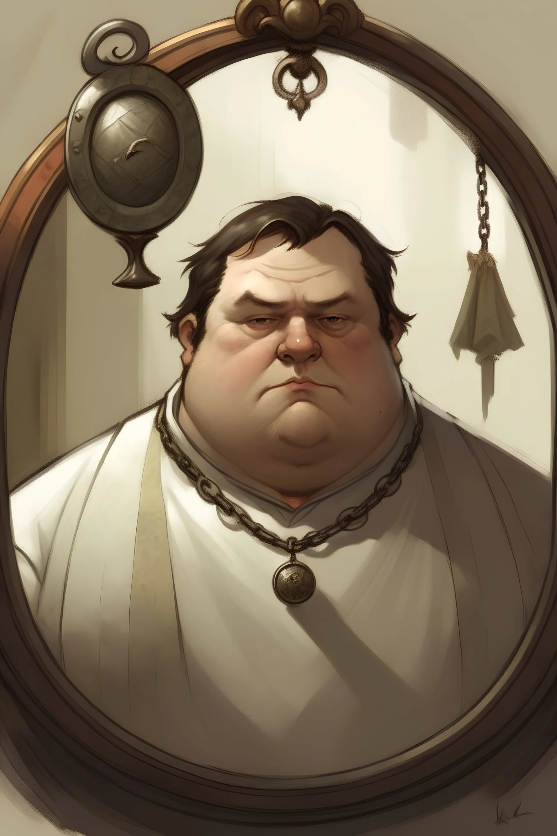 A chubby man with a mirror and a devilish look. His face is not visible. He has a cross around his neck. A halo above his head. It is important that it is smooth!