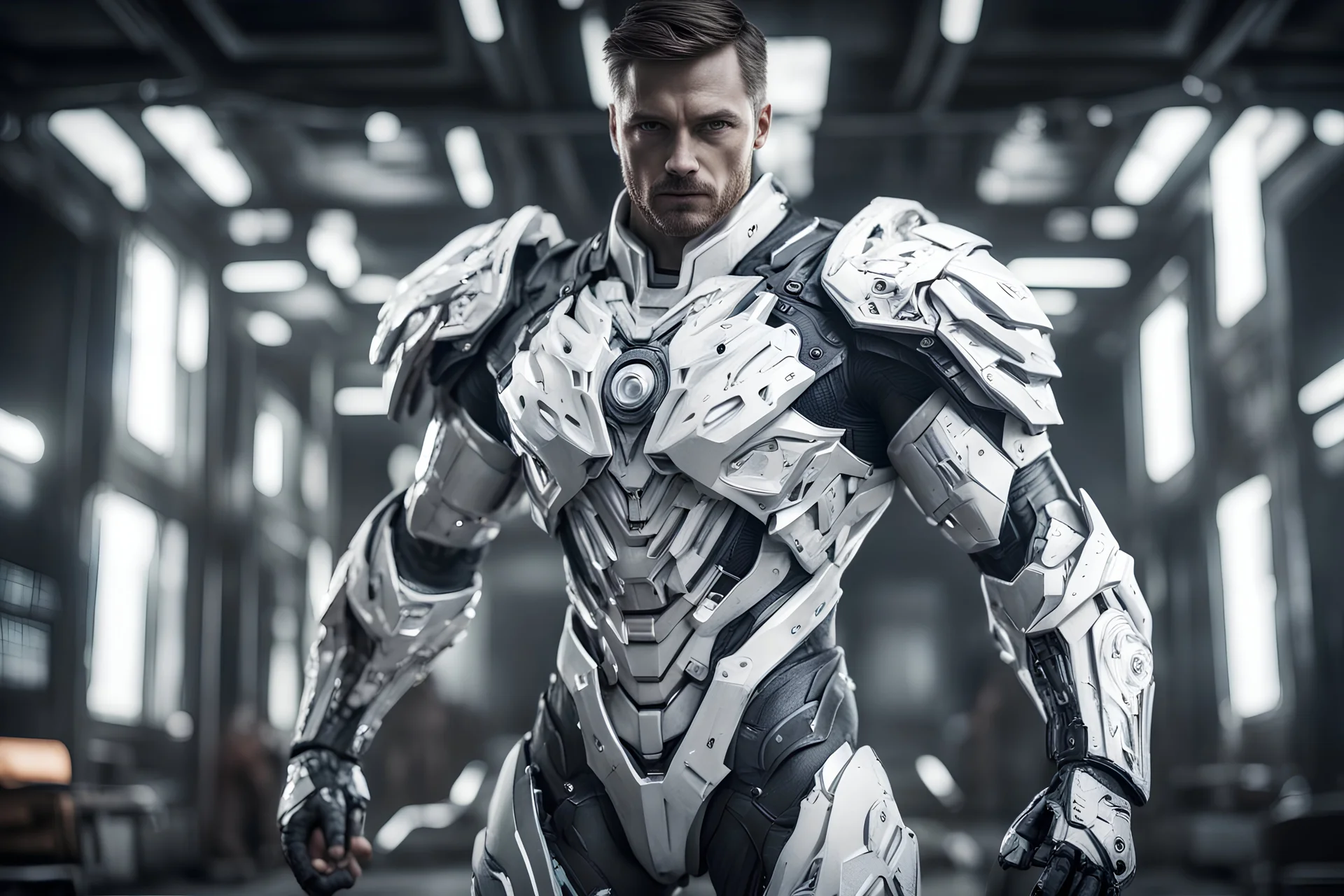Tema Kuzmin manin a mega cool white iron super suit with on his arms and shoulders, hdr, (intricate details, hyperdetailed:1.16), piercing look, cinematic, intense, cinematic composition, cinematic lighting, color grading, focused, (dark background:1.1)