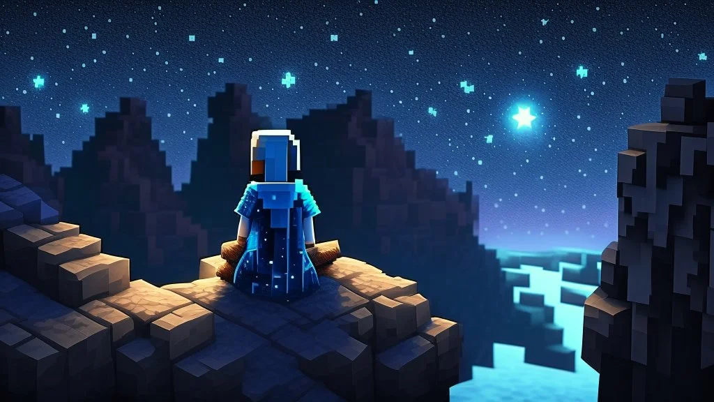 Minecraft Character, minecraft theme, purple starry sky, meditating, facing back, wearing gown, minecraft style, in between two cliffs,