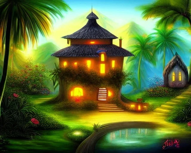 mystical house on a hot tropical island, fantasy art,