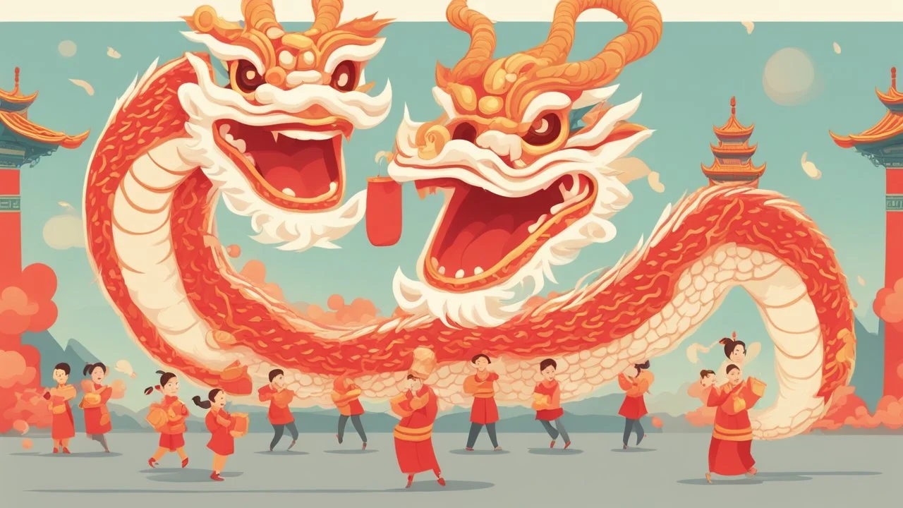 fantasy cartoon style illustration: chinese new year celebration dragon dance