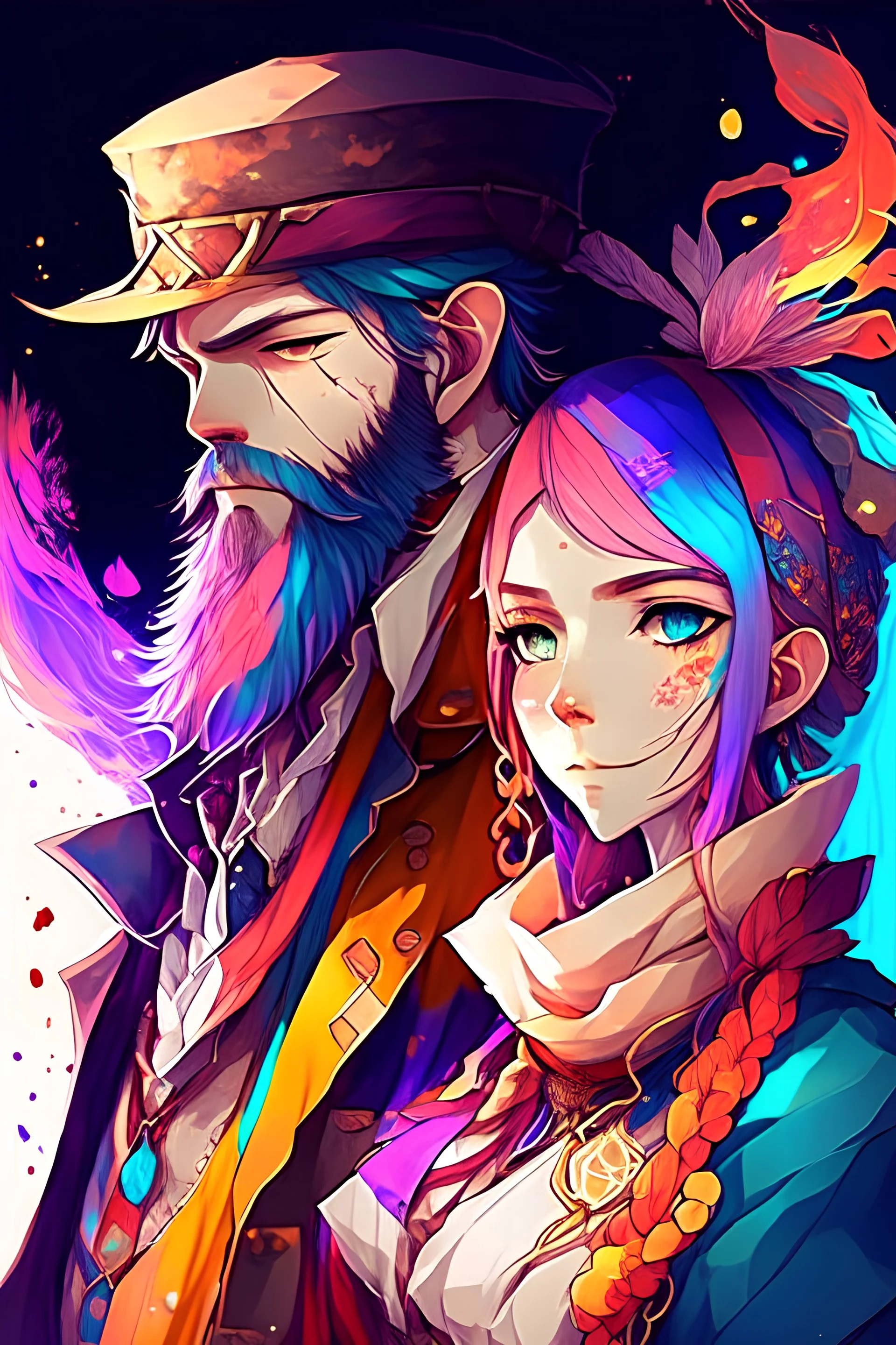 anime couple, mage, colorful, man with beard