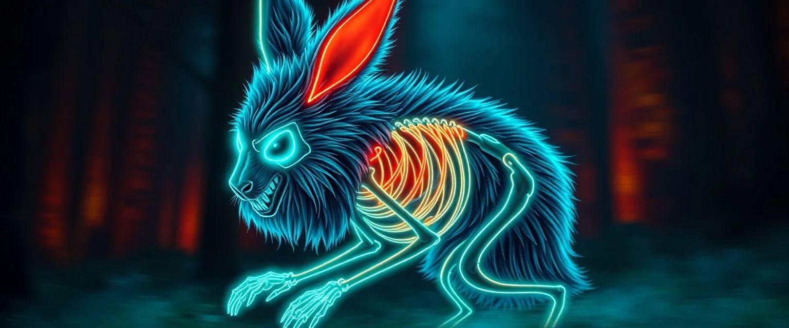 radiant neon werewolf rabbit thick Skeleton with lotsa fluffy fur, motion blur background dark forest