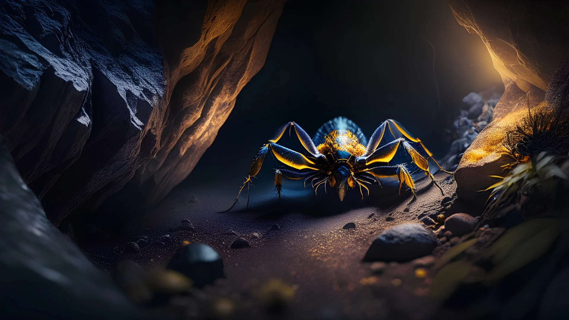 Photoreal close-up gargantuan spider with blazing yellow eyes in dark mountain crevice by night