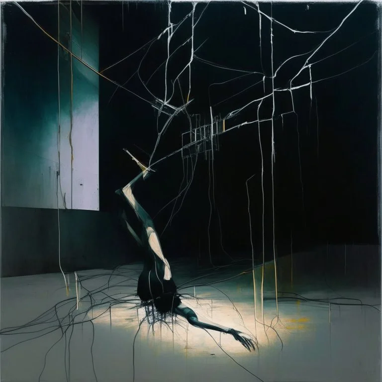 Minimal abstract oil painting of a falling person limbs sinew. Amongst concrete fragments brutalist architecture and hanging wires illuminated at night. In the style of Justin Mortimer and Francis bacon